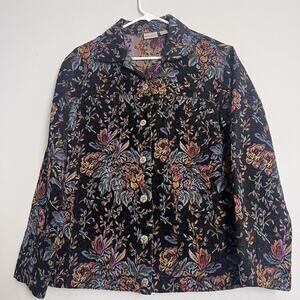 Vintage Chico's Women's Black Embroidered Floral Tapestry Jacket Sz M Mature
